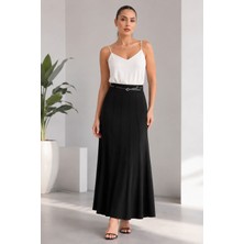 Bihan Store Kadın Beli Kemerli Çima Dikişli Tam Boy Çan Etek 3859-SIYAH