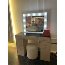 Cozze Mobilya Işıklı Hollywood Vizon Rengi Makyaj Masası - 13 Çekmeceli Cam Tablalı Takı ve Kozmetik Masası