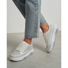 Kadın Sneaker 4 cm Taban Bağcıklı  Taş Işlemeli Kotnel Keten Spor Ayakkabı