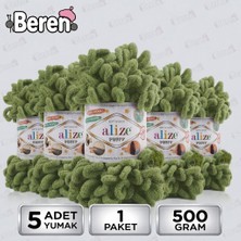 Alize Puff - 485 Kaplumbağa Yeşil - 5'li Paket x 100GR / 9 Metre / Parmak Örgü Ipi / Battaniye,şal,şapka,bere,yastık Kılıfı,paspas