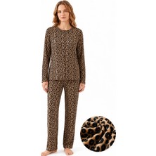 Sleeproom Kadın Süet Mevsimlik Leopar Desen Pijama Takımı