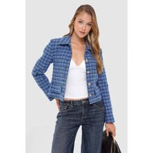 Thalure Kadın Mavi Gömlek Yaka Cep Detaylı Slim Fit Tüvit Ceket