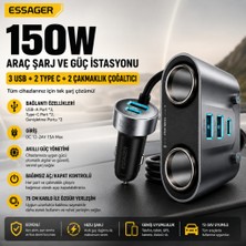Essager 150W Çift Çakmaklık Çoğaltıcı Araç Şarj Adaptörü 3 USB 2 Type-C 12-24V Araç Çakmaklık Çoğaltıcı