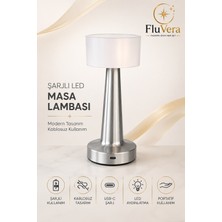Fluvera Şarjlı Gümüş LED Masa Lambası Kablosuz Dokunmatik Gece Lambası Usb-C Portatif Metal Gövdeli