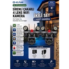 O-Kam OK-231 Premıumw 4 Lensli Ptz Sirenli Wifi Güvenlik Kamerası - Ikili Set (2 Adet 64GB Hafıza Kartı Dahil) 🛡️