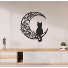 Rokh 🌙 35 cm Dekoratif Ay ve Kedi Duvar Süsü Çiçekli Kedi Figürlü Duvar Dekoru Hediyelik