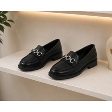 Zenora Shoes Kadın Loafer Makosen Casual Tokalı Günlük Siyah Cilt Ayakkabı