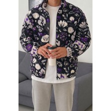 Genius Store Oversize Peluş Tam Fermuarlı Sweatshirt Peluş Içi Polarlı Sherpa Kumaş Sweatshirt (MOR ÇİÇEK)
