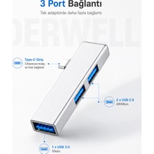 Derwell Yeni 2026 Type-C 3 Port USB Çoklayıcı Hub Dağıtıcı | 1x USB 3.0 5gbps Yüksek Hız | 2x USB 2.0 | Alüminyum Göve Tak Çalıştır Laptop Macbook Telefon Uyumlu Çevirici Adaptör