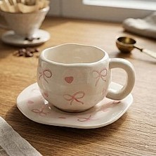 Palto Tasarım Pembe Kalpli Kurdele Tasarımlı Krem Türk Kahvesi Fincanı - Hediye Seramik Türk Kahvesi Fincanı