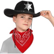 Zamerya Çocuk Kovboy Şapka Rozetli Siyah  Kırmızı Bandana Seti