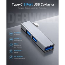 Derwell Type-C USB Hub Çoklayıcı 3 Portlu Çevirici Adaptör | Alüminyum Kasa | 5gbps Sürücüsüz Tak Çalıştır | USB 3.0 ve USB 2.0 Dönüştürücü Pc Mac Tablet Destekli