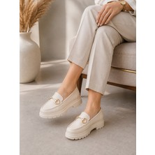 Zenora Shoes Kadın Tokalı Loafer Makosen Bej Kalın Tabanlı Ayakkabı