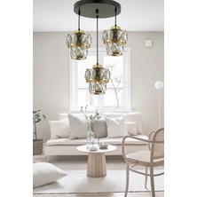 Kontes Gold Kasa Şeffaf Kristal Taşlı Salon Üçlü Avize