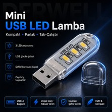Derwell Mini USB LED Lamba 3 Ledli Taşınabilir Cep Boy Gece Lambası Şeffaf Koruyucu Kapaklı Tak Çalıştır Düşük Güç Tüketimi Yüksek Verim Beyaz Işık Powerbank Laptop Uyumlu Kamp Aydınlatması Stick LED Işık