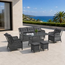 Pazaractive Manaco Rattan Puflu Bahçe Takımı 3+1+1 Rattan Bahçe Balkon Takımı