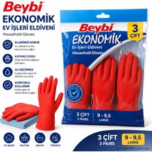 Beybi Ekonomik Ev Işleri Eldiveni Kırmızı Large 9-9,5 3 Çift 6 Adet Temizlik Eldiveni
