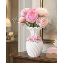 Marys Concept Pembe Gül Kabartmalı Kıvrımlı Porselen Vazo 24 cm