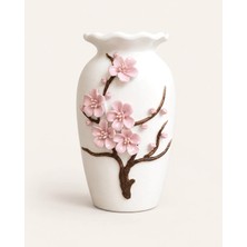 Marys Concept Pembe Bahar Dalı Dalgalı Ağızlı Kabartmalı Porselen Vazo 24 cm