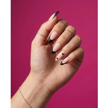 Tips Art Mat Siyah Kalp Desenli French Badem Takma Tırnak Seti (24 Adet) ve Zararsız Bant Yapıştırıcı