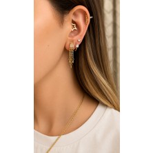 Semtim Kuyumculuk Sertifikalı 316L Çelik Premium Gold Kaplama Üçlü Zirkon Taşlı Halka ve Zincir Sallantılı Kadın Küpe