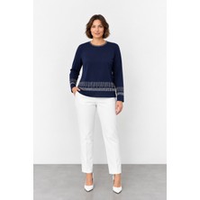 Bihan Store Kadın Sıfır Yaka Şerit Detaylı Uzun Kollu Triko Bluz W27-890 - Lacivert