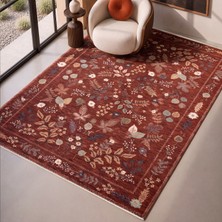 Cool Halı Flower Çiçekli Kiremit Rengi Halı Vintage Desenli Dekoratif Terracotta Salon Oturma Odası Halısı