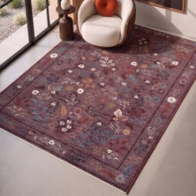 Cool Halı Flower Çiçekli Mürdüm Halı Vintage Desenli Dekoratif Salon Oturma Odası Dört Mevsim Pati Dostu Halı