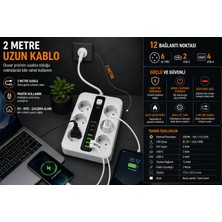 Megamus 6’lı Akım Korumalı Priz – 2 Usb-C + 4 Usb-A | 3500W 16A | 2 Metre Kablolu