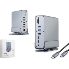 Hadron HDX7065 Type-C 3.0 Combo Hub Docking Station HDMI 4K 60Hz Dp Lan USB Aux Kart Okuyucu 16 Port 5 Gbps Gri