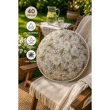 Rona Home Yuvarlak Minder 40 cm Çap Su Geçirmez Sıvı Itici Leke Tutmaz Papatya Desenli Ponponlu