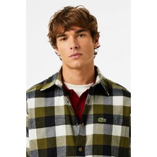 Lacoste Men's Relaxed Fit Button-Down Linen Shirt  Rahat Kesim Pamuklu Kareli Erkek Gömlek Haki