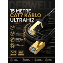 Derwell 15 Metre Ultrahız Cat7 Sstp Ethernet Internet Kablosu - Altın Kaplama RJ45 Konnektörlü Çift Korumalı Saf Bakır Lan Yama Kablosu; 10GBPS 600MHZ Fiber Modem Pc Oyuncu