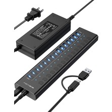 Acasis HB16 Pro- 16 Port (8x Usb-A, 8x Usb-C) 10 Gbps USB 3.2, On/off Port Özellikli, Alüminyum Kasa, 96W Güç Adaptörlü, LED Işıklı, USB Çoklayıcı Hub (Siyah)