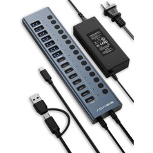 Acasis HB16 Max 16 PORT(6X10GBPS Usb-A + 6X10GBPS Usb-C+2x Type-C Pd 30W+1X 2.0 Usb-A)On/off Port Özellikli, Alüminyum KASA,150W Güç Adaptörlü, USB 3.2 Type-C/type-A Çift Başlıklı Kullanım, USB Çoklayıcı Hub