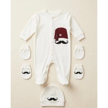 Perfect Baby Yenidoğan Organik Pamuk Bıyık-Fes Desenli Patikli 3 Parça Bebek Hastane Çıkışı Seti Yenidoğan Bebek Tulum