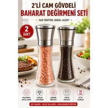 Open Home Concept 2'li Set Cam Gövdeli Baharat Değirmeni 19 cm Ayarlı Seramik Öğütücülü Kaya Tuzu Karabiber Değirmeni