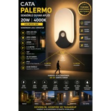 Cata Palermo 20W Sensörlü Dış Cephe Duvar Apliği - 4000K Ilık Beyaz Hareket Sensörlü LED Bahçe ve Teras Armatürü (IP54 Su Geçirmez) Sensörlü Lamba,sensörlü Duvar Lambası