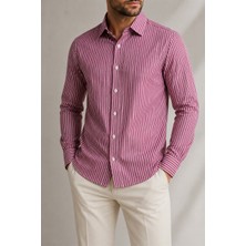 Beyome Erkek Çizgili Slim Fit Gömlek Uzun Kollu Pamuklu Klasik Şık Gömlek