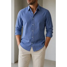 Beyome Erkek Çizgili Slim Fit Gömlek Uzun Kollu Pamuklu Klasik Şık Gömlek