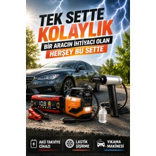 vooka Premium 3’lü Araç Bakım ve Acil Durum Seti – Akü Şarj Cihazı, 150 Psı Lastik Şişirme Kompresörü ve Kablosuz Araç Yıkama Makinesi