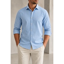 Beyome Erkek Çizgili Slim Fit Gömlek Uzun Kollu Pamuklu Klasik Şık Gömlek