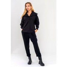 Bold & Young Kadın Pamuk Likralı Kol Yırtmaç Düğmeli Yarım Pat Gömlek Siyah