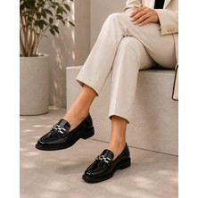 Zenora Shoes Kadın Loafer Makosen Casual Tokalı Günlük Rugan Siyah Ayakkabı