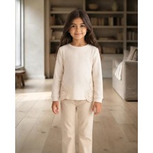 Dantel Detaylı Jakarlı Örme Kumaş Kız Çocuk Latte Sweatshirt