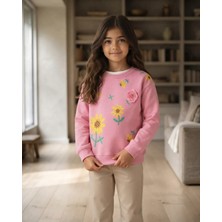 Pembe Çiçekli Kız Çocuk Sweatshirt Konforlu Fit Detaylı Tasarım
