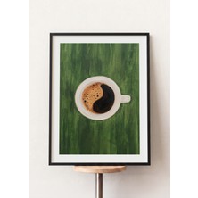 Pena Tablo Yin Yang Kahve Fincanı Tablosu Siyah Çerçeveli - Soyut Minimalist Kahve Kupası Mutfak Dekoru - Kafe Tabloları, Mutfak Tabloları
