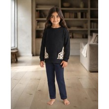Dantel Detaylı Jakarlı Örme Kumaş Kız Çocuk Siyah Sweatshirt