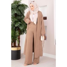 ZMR Bağcıklı Uzun Kimono Pantolon Takım Vizon