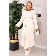 ZMR Bağcıklı Uzun Kimono Pantolon Takım Krem